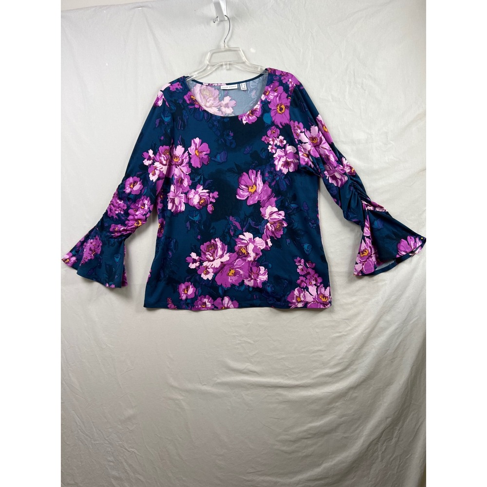 Susan Graver Floral Blouse Women L Blue Ruched Bell Sleeve Liquid Knit Top